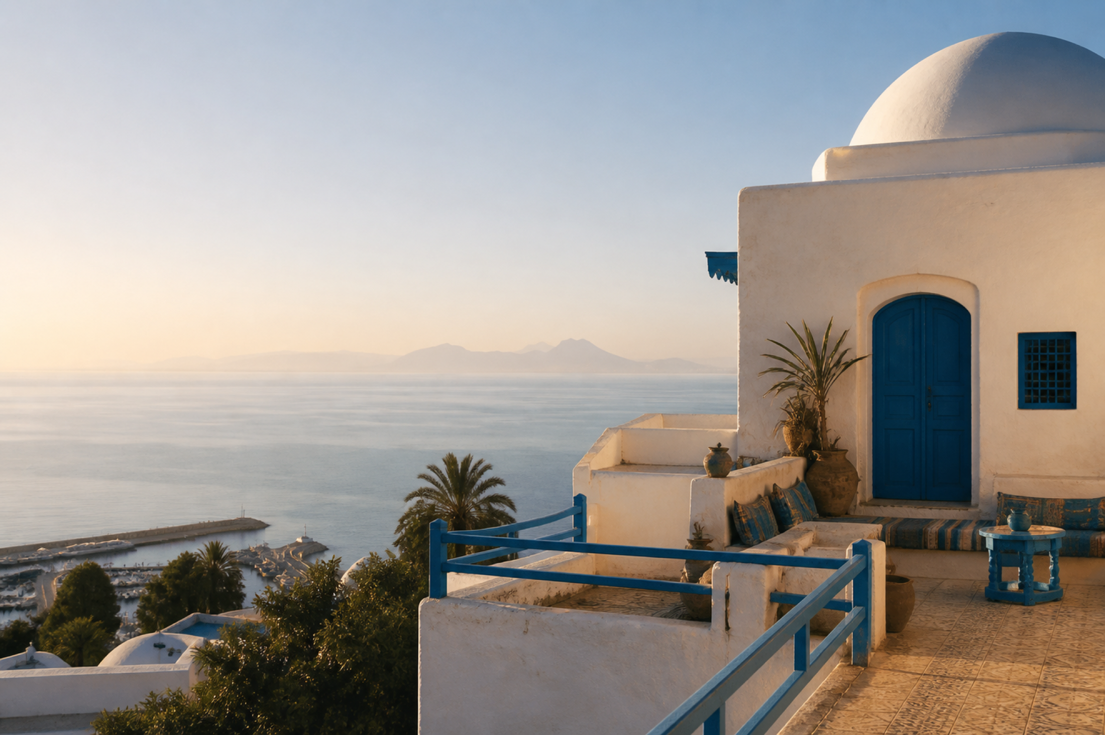 Sunlit white-and-blue Tunisian coastal architecture above the Mediterranean